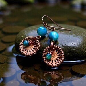 Hand Crafted! Rustic Copper Elements & Intense Blue Agate Beads! Dangle Earrings